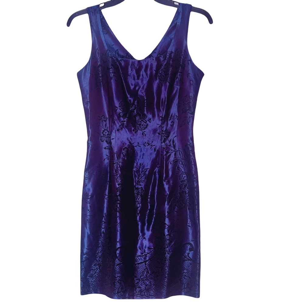 Vintage M.STUDIO  Evening Dress Dark Blue w/ Black Floral Lace Accents & Hem